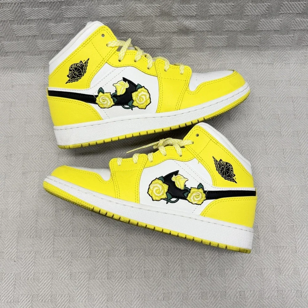 Nike Air Jordan 1 Mid SE GS Rose Patch‎ Dynamic Yellow Kids Size 4.5Y AV5174-700